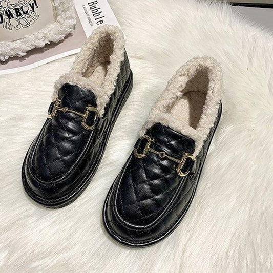 Women's Plush Cotton Shoes for Winter Wear Flat-bottomed Non-slip Plus Velvet Thick One-step Lazy Beanie Shoes Ladies Warm Moccasin Shoes