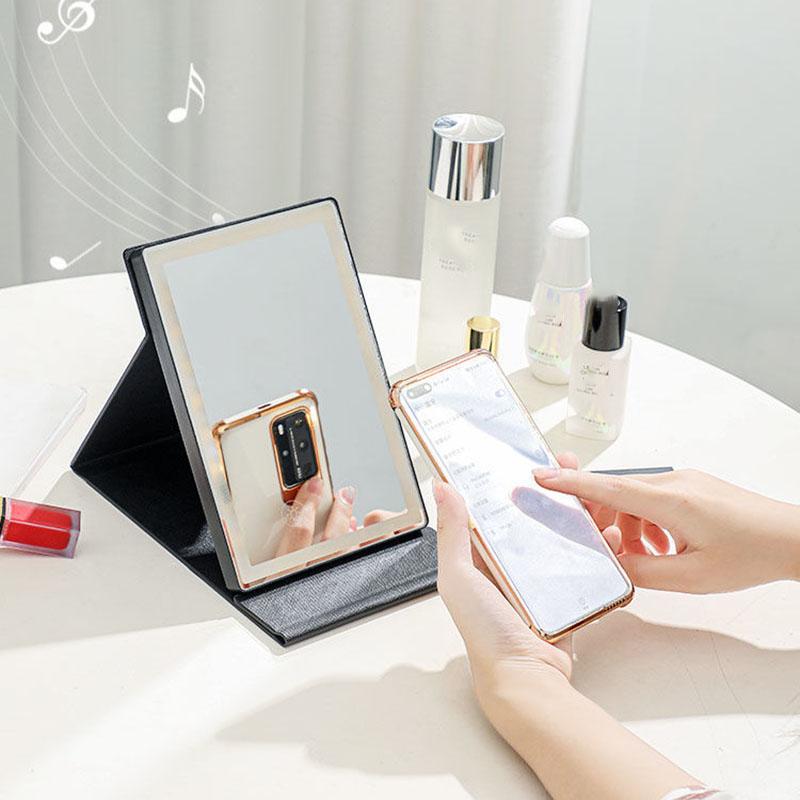 Ladies Professional LED Leather Bluetooth Makeup Mirror Portable Foldable Mirror and Speakers In One HD Mirror Touch Screen Control