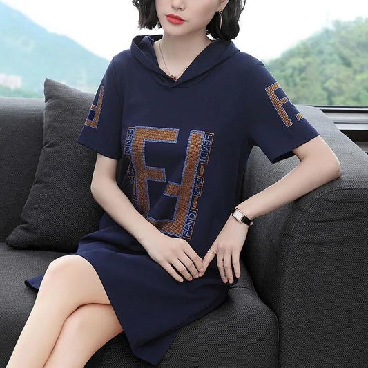 Hooded Casual Dress Mid Length Ladies Loose Large Size Short Sleeve T-Shirt Skirt