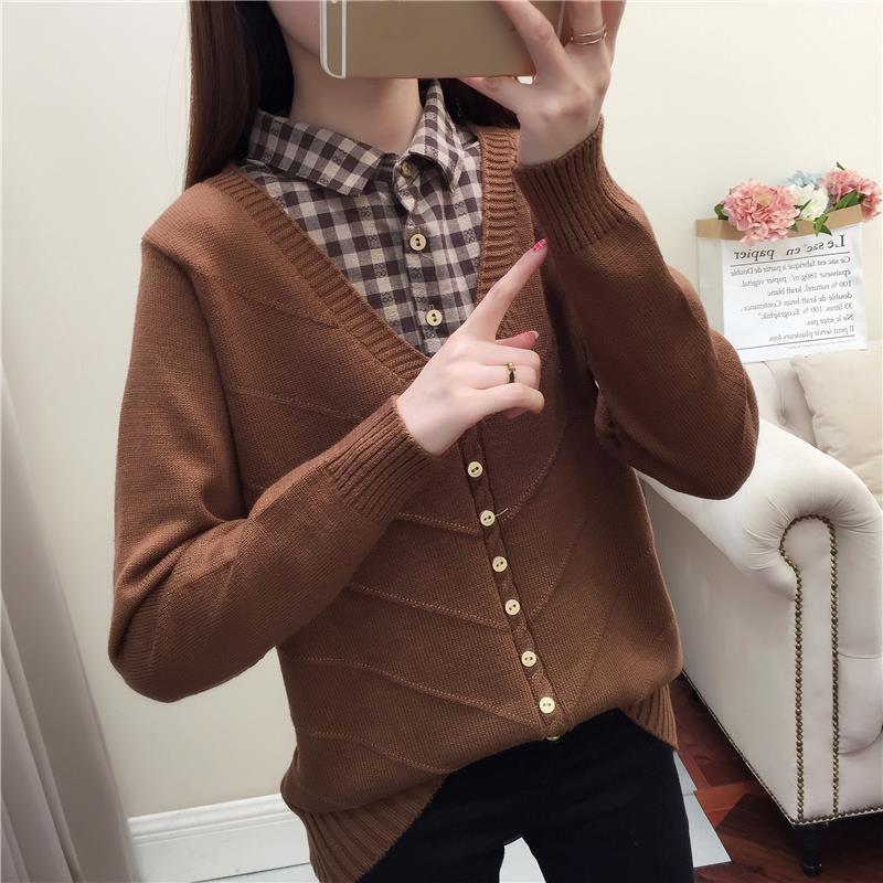 Autumn/Winter Korean Patchwork Pullover Loose Lapel Sweater Female Fake Two Piece Pullover Knitted Sweater Top