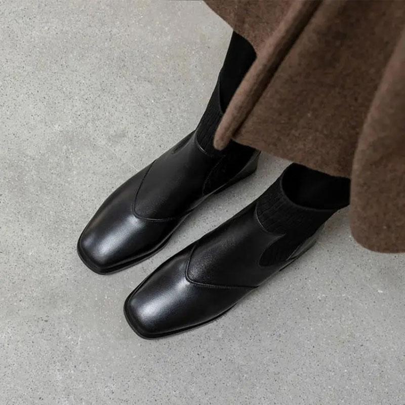 Chelsea Boots Flat Short Boots Autumn and Winter British Style Winter Boots Thick Heel Knitted Stretch Martin Boots Women