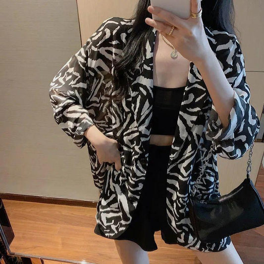 Women's Zebra-print Suit Jacket Summer Thin Loose Mid-length Temperament Chiffon Suit Korean Version of The Sunscreen Top Blazer Outwear Coat