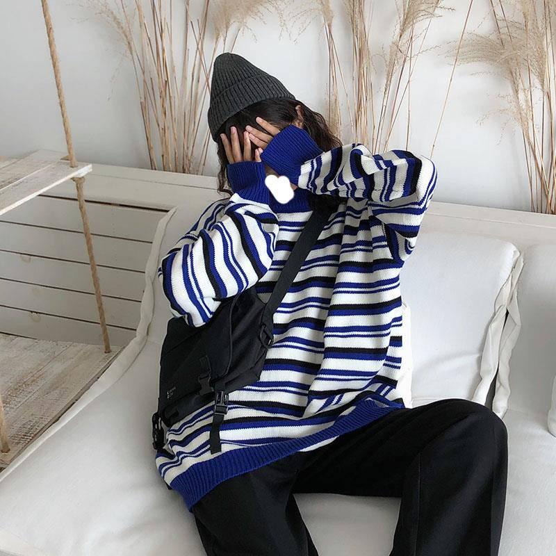 Pofulove Autumn Winter Japanese Striped Sweater Female Korean Loose Wild Round Neck Pullover Sweater