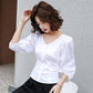 Women's Spring and Autumn Shirt V-neck Loose Solid Color Short Top