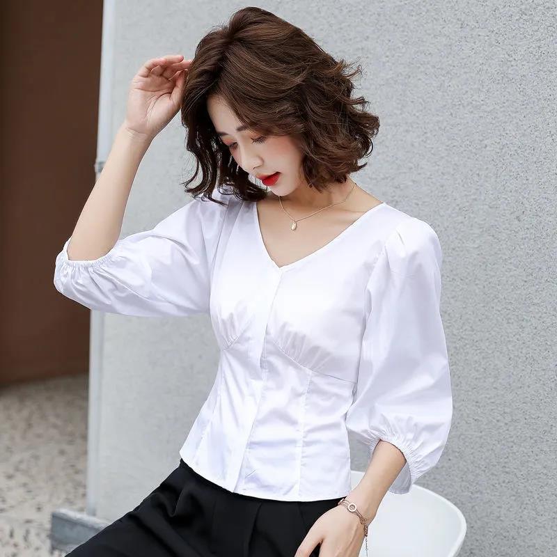 Women's Spring and Autumn Shirt V-neck Loose Solid Color Short Top