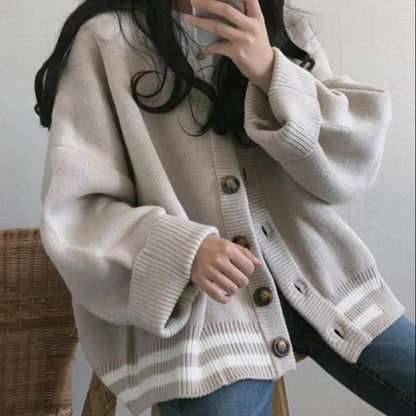 Lazy Style Knitted Cardigan Women's Autumn and Winter Loose School Style V-neck Long-sleeved Sweater Jacket