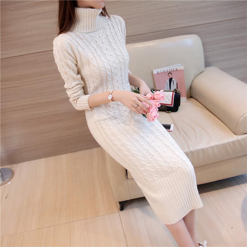 High Neck Long Sweater Autumn and Winter Over The Knee Retro Slim Bottoming Shirt Fashion Knitted Dress