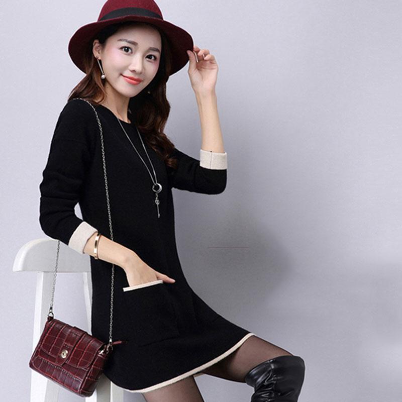 Autumn and Winter Long Round Neck Sweater Skirt Fashion Casual Knitted Bottom Skirt Simple Female Sweater Dress