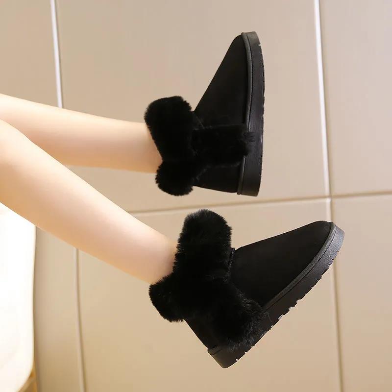 Hairy Ball Snow Boots Women Winter Korean Version of All-match Flat-bottomed Plus Velvet Warm Cotton Shoes Bread Shoes