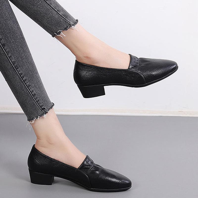 Soft Leather Shoes Women's Low Bottom Thick Heel Round Toe Soft Bottom Middle Heel Work Shoes Women's Leather Shoes