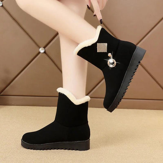 Snow Boots Women's Autumn and Winter Plus Velvet Thickened Warm Leather Surface Non-slip Waterproof Mid-tube Boots Ankle Boots
