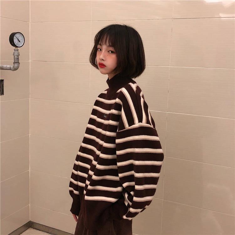 O-Neck Pullovers Women Chic Soft  Sweaters Tops Sweet Student Loose Striped Knitted Pullover