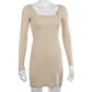 Elegant Square Neck Ribbed Dress Female Knitted Side Split Bodycon Dress Long Sleeve Fashion Mini Dresses Basic