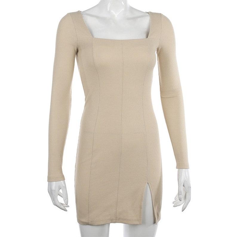 Elegant Square Neck Ribbed Dress Female Knitted Side Split Bodycon Dress Long Sleeve Fashion Mini Dresses Basic