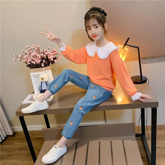 Girls Net Spring and Autumn Clothes Cute Ruffle Trim Tops Denim Trousers Casual Comfortable Breathable Sweet Style Two-piece Suit