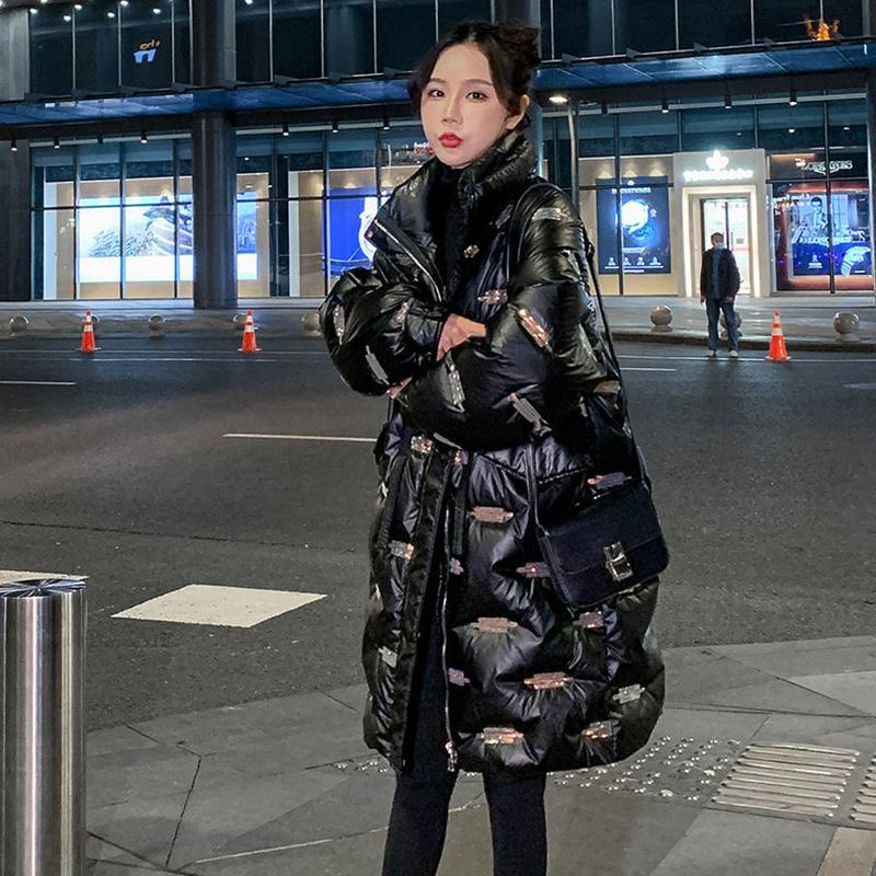 Autumn and Winter Bright Face Stand-up Collar Hoodless Cotton-padded Jacket Women's Mid-length Large Size Loose Bread Jacket Warm Cotton Jacket