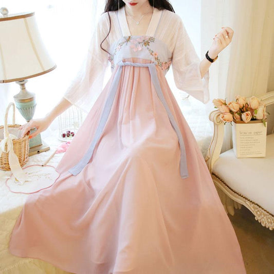 Chinese Improved Han Dynasty Clothing Dress Summer Female Student Embroidered Antique Ancient Costume Fairy High Waist Mid-sleeve Chiffon Long Skirt