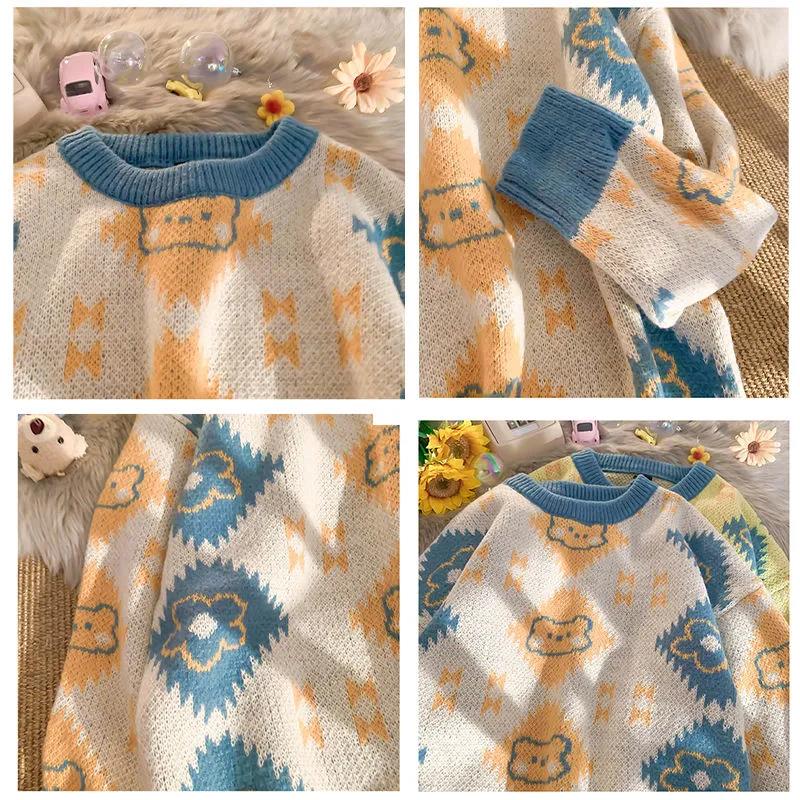 Bear Knitted Round Neck Pullover Lazy Wind Sweater Loose Korean Version Mid-Length Long-Sleeve Knitted Sweater for Women