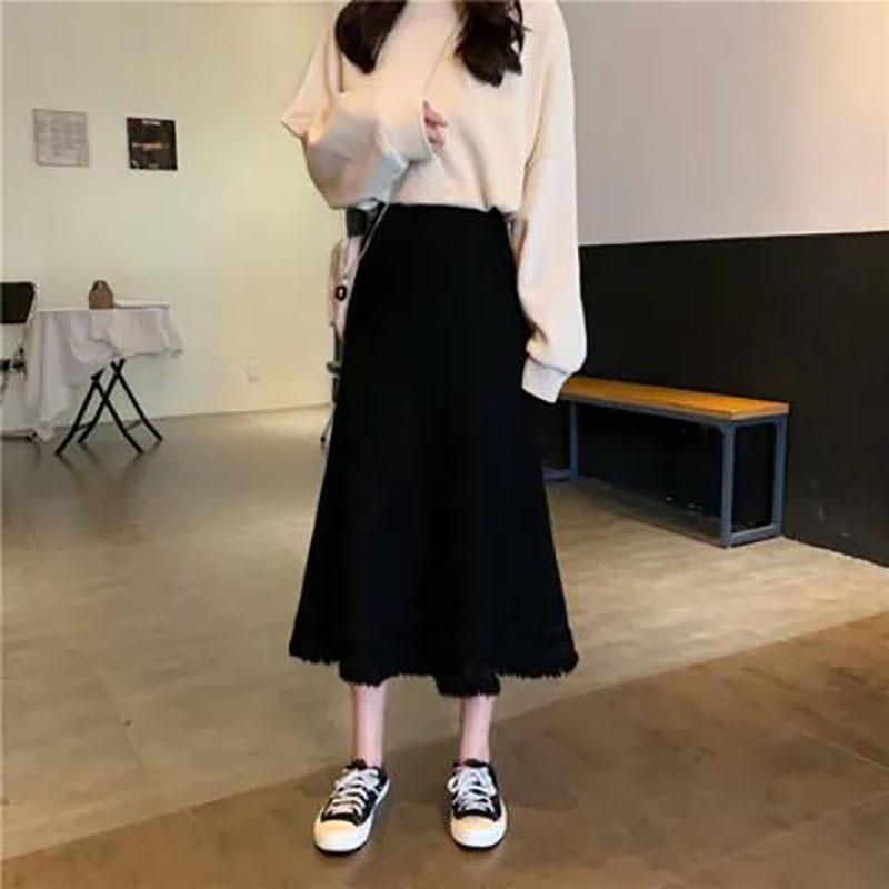 Autumn and Winter Knitted Woolen Skirt Women's Mid-length Thick and Warm A-line Winter Long Skirt