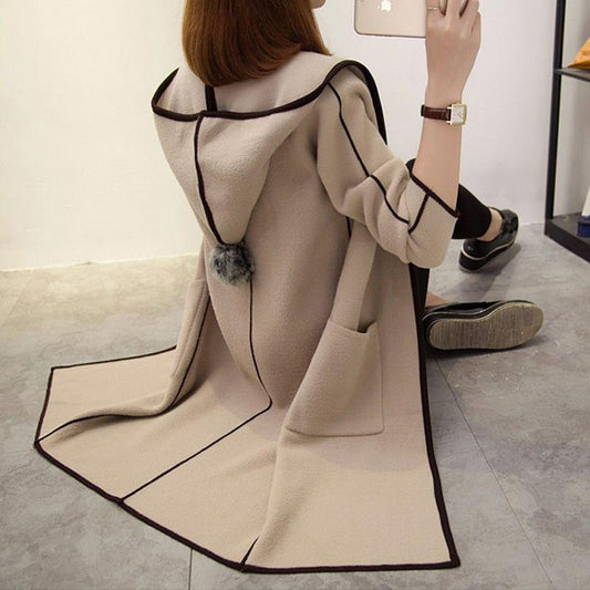 Women Woolen Coat Autumn Winter Lapel Collar Long Sleeve Casual Belt Trench Coat