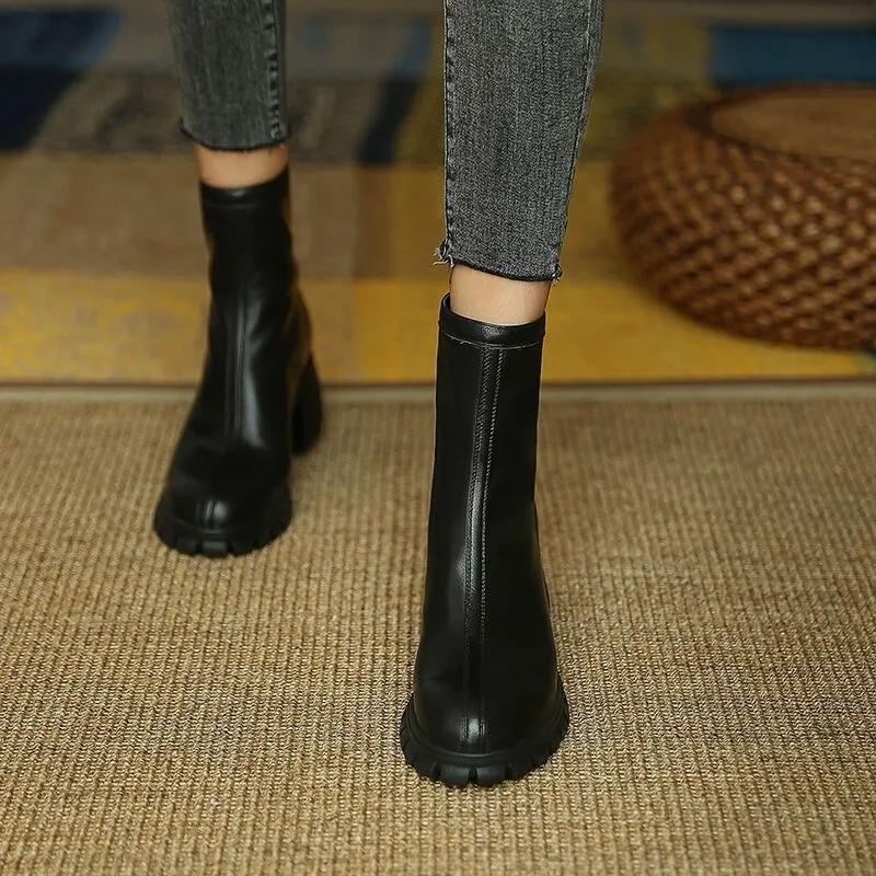 Martin Boots Woman Round Head Retro Boots Black Middle Boots Back Zipper Chelsea Boots Single Boots Spring and Autumn