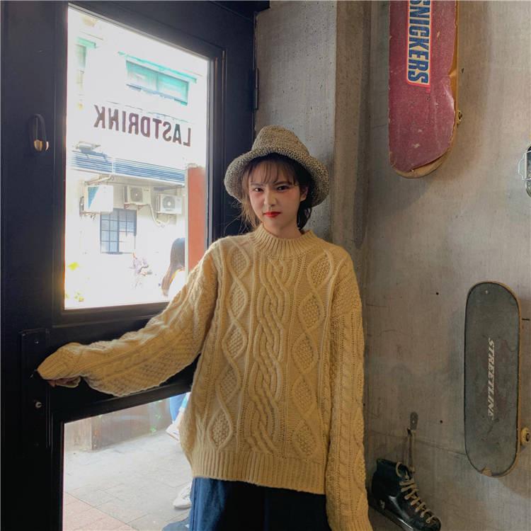 Pofulove Sweater Women's Autumn Winter Loose Wild Thickening Wear Lazy Wind Twist Coat Student