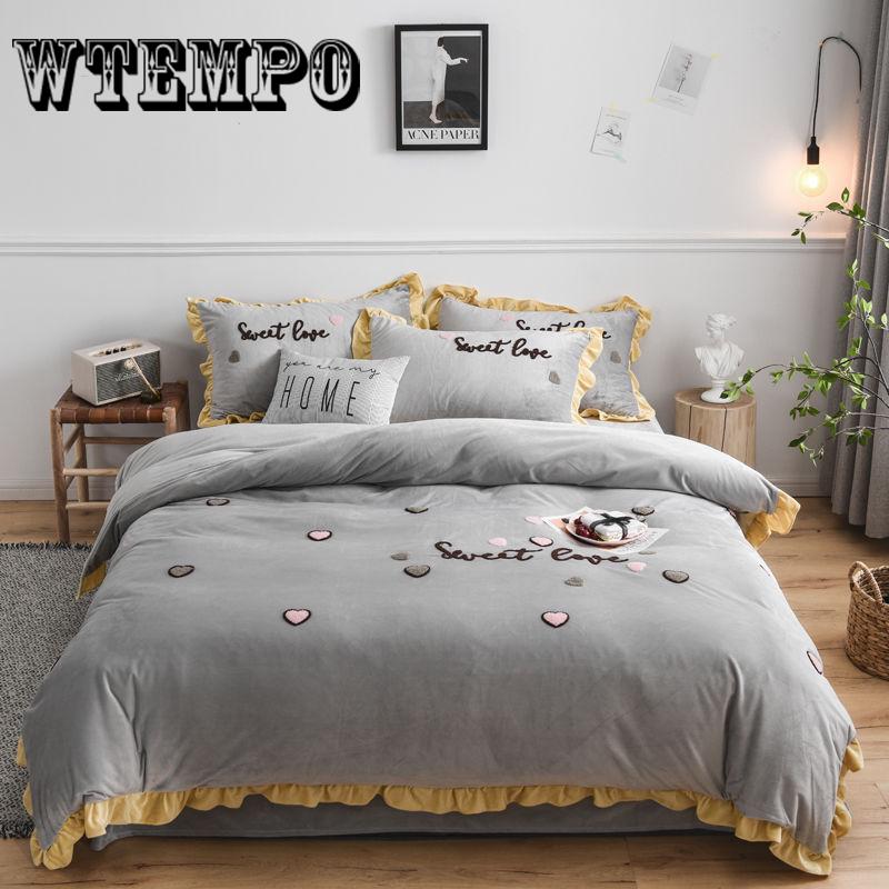 WTEMPO Winter Bedding Sets Pink Heart Duvet Cover Flannel Fleece Pillowcases 4Pcs Home Bed Linens