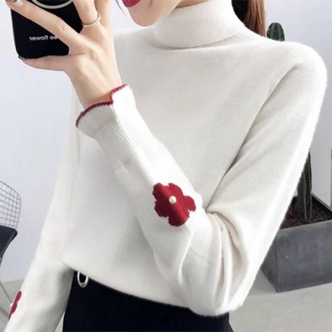 Pofulove Turtleneck Base Sweater Autumn and Winter Long-sleeved Pullover Flower Embroidery Sweater
