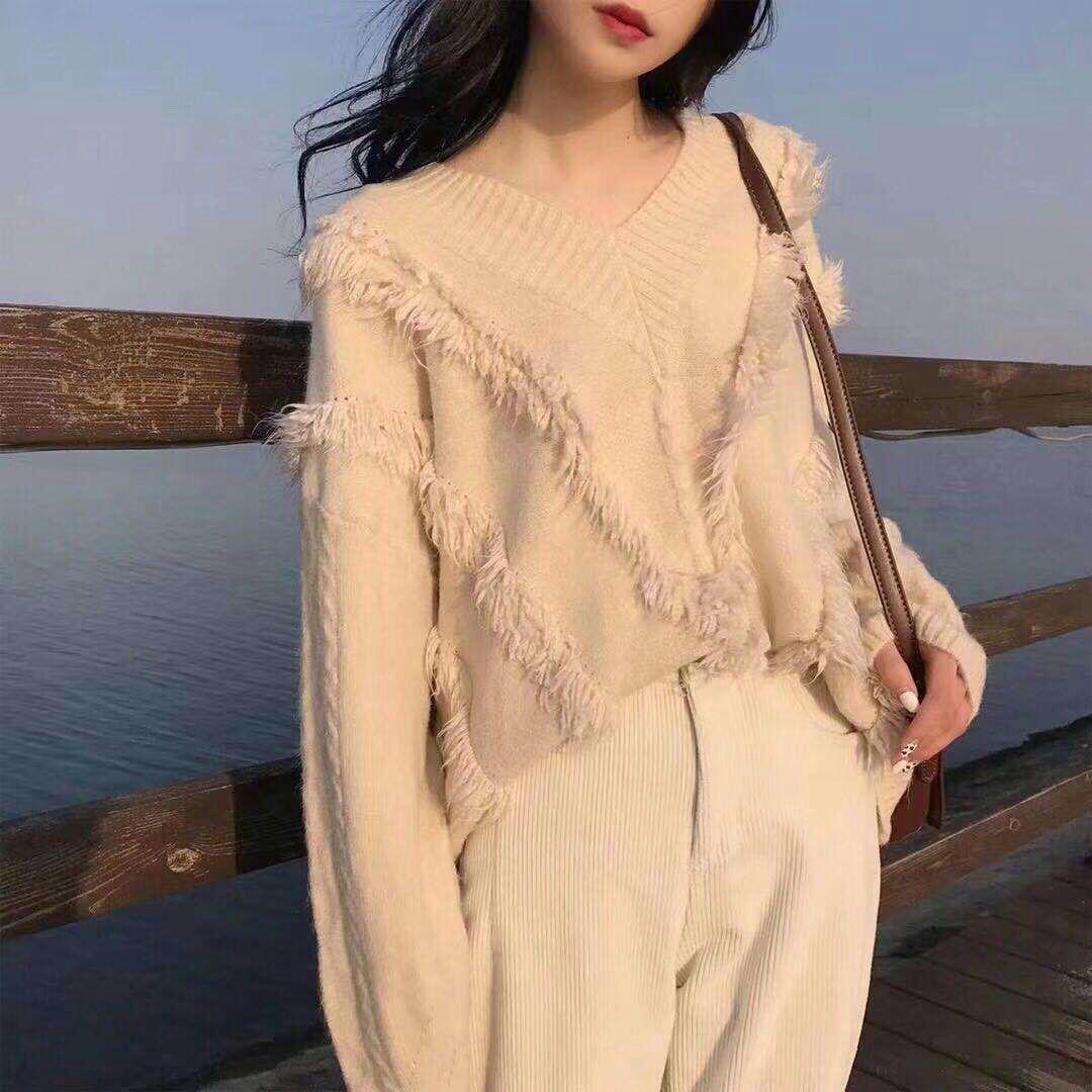 Womens Solid Color Sweater V-Neck Pullover Long Sleeve Loose Knitted Knitwear Sweaters