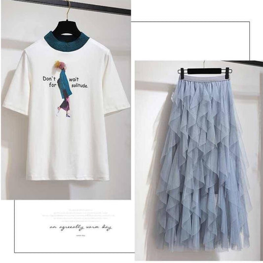 Fashion Summer Skirt Set Printed Short-sleeve T-shirt Tulle Skirt Two-piece Irregular Long Skirt
