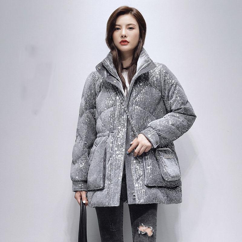 Design Niche Sequined Down Jacket Women's Mid-length Autumn and Winter Fashion Korean Style Jacket
