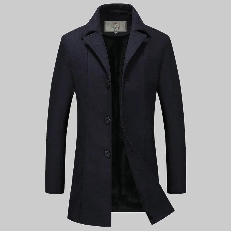 Men's Autumn and Winter Thick Woolen Coat Mid-length Slim Business Coat Winter Single-breasted Wool Trench Coat Solid Casual Suit Collar Warm Outfit