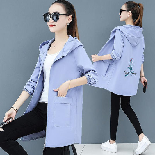 Jacket Women's Embroidered Autumn Plus Size Windbreaker Women's Mid-length Korean Loose Hooded Jacket Tops
