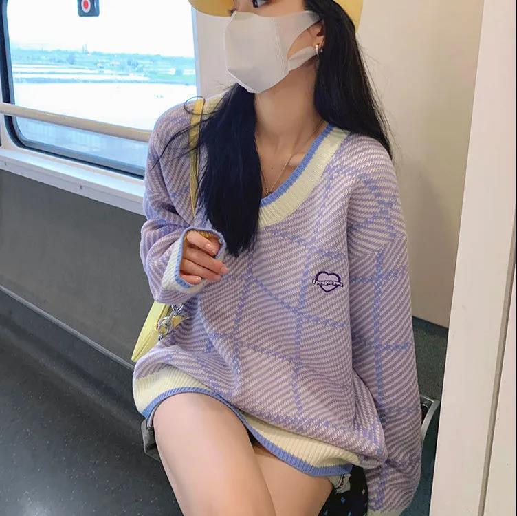 Women's Purple V-Neck Soft Mid Length Sweater Loose Lazy Chic Knit Sweater
