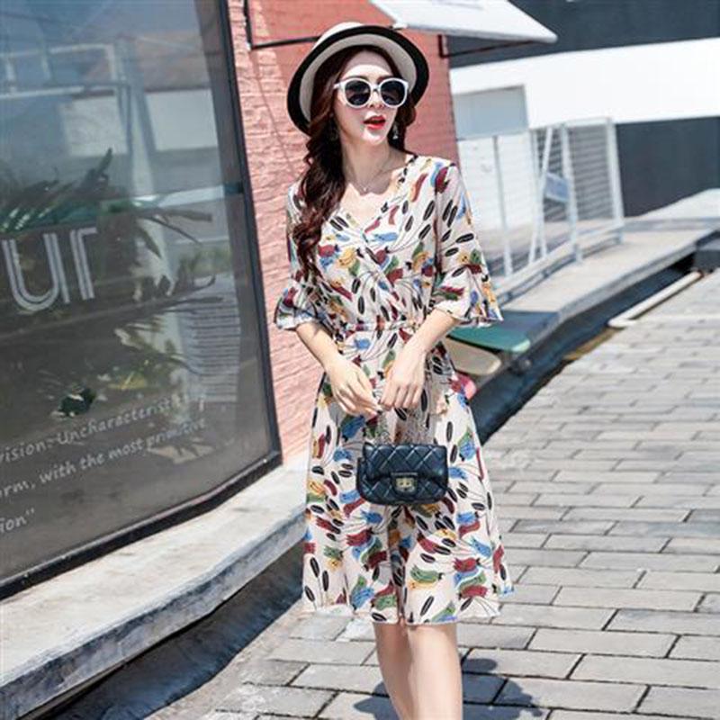 Fashion Summer Cotton Dress Mid-length Elasticated Wasit Printed Dress V-neck Flared Sleeves Dress