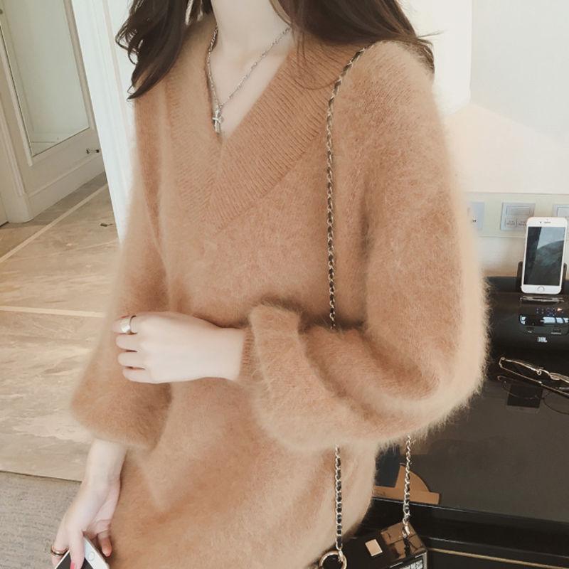 Non-shedding Faux Mink Women's Sweater Spring and Autumn Plus Size Loose Fashion Trend V-neck Thick Mid-length Bottoming Shirt