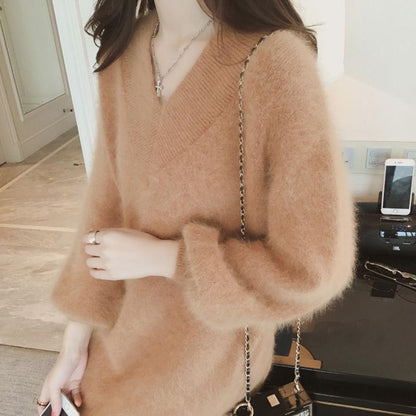 Non-shedding Faux Mink Women's Sweater Spring and Autumn Plus Size Loose Fashion Trend V-neck Thick Mid-length Bottoming Shirt