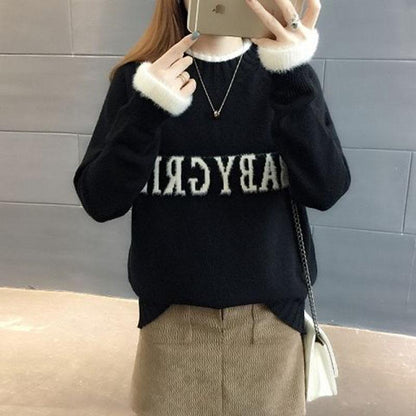 Pofulove women's Embroidered sweater fine-knit pullover sweater mock turtleneck fluffy plush cuffs