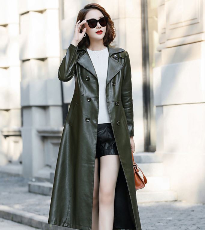 Winter Women's Leather Jacket Fashion Waist Mid-length Leather Jacket Plus Cotton Thicker PU Leather Large Size Leather Jacket