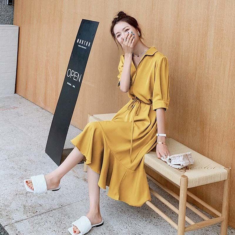 Female Shirt Chiffon Casual Dress High Waist Elegant Medium Length Vacation Dress Slim Vintage Holiday Dress