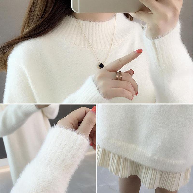 Long Faux Mink Fleece Sweater Winter Bottoming Sweater Thick Warm Knitted Lace Stitching Mohair Sweater Dress