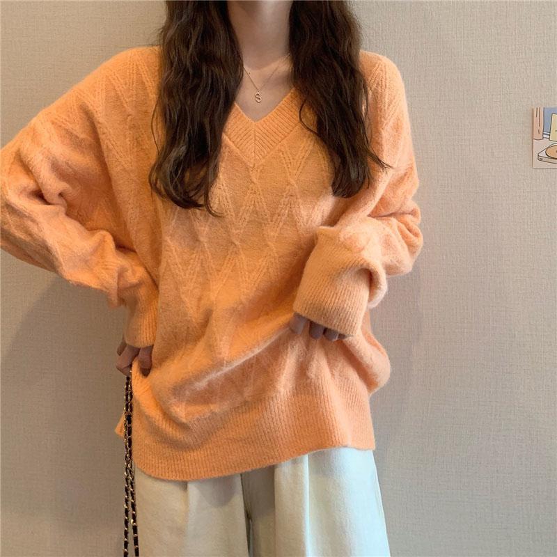 Winter Women Sweaters Oversized Loose V Neck Long Sleeve Pullover Sweater Pink Fashion Korean Fall Jumper Plus Size Casual Warm Fall Argyle Sweater