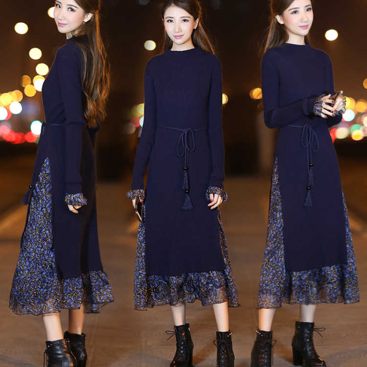 Plus Velvet  Thick Sweater Dress Women Autumn and Winter Slim Long Dress Floral Stitching Knitted Sweater Dress