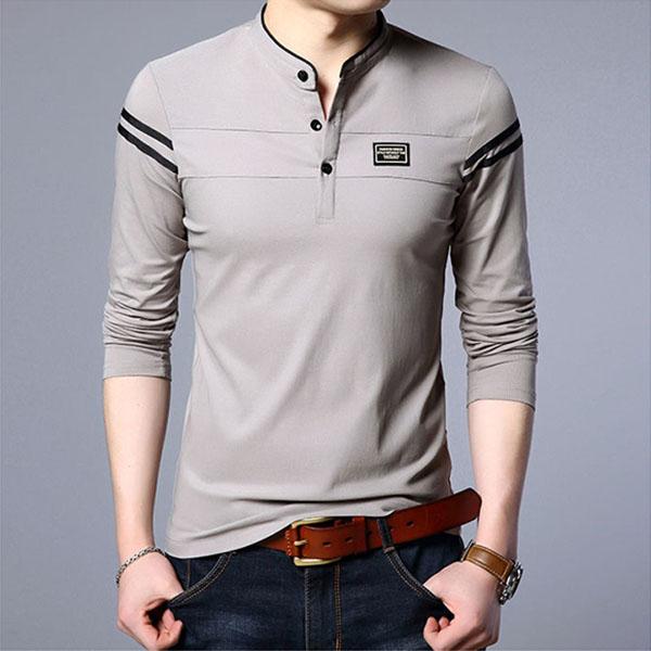 Men's Long-sleeved Polo Shirt Stand Collar Lapel Stripes Sweatshirt Bottoming Shirt Loose Casual Solid Color Shirt