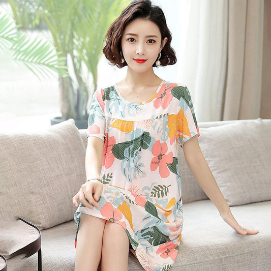 Cotton Silk Dress Women's Summer Wear Round Neck Short Sleeves Large Skirt Loose Dress Cotton Fabric Light Sweat-absorbent and Breathable