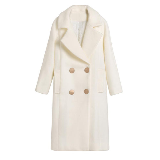 Autumn and winter over-the-knee trend wild woolen coat women white woolen coat mid-length