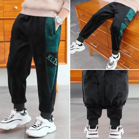 Boys Plus Velvet Pants Gold Silk Double-sided Velvet Plus Velvet Thick Trousers Autumn and Winter Models In The Big Children's Warm Pants