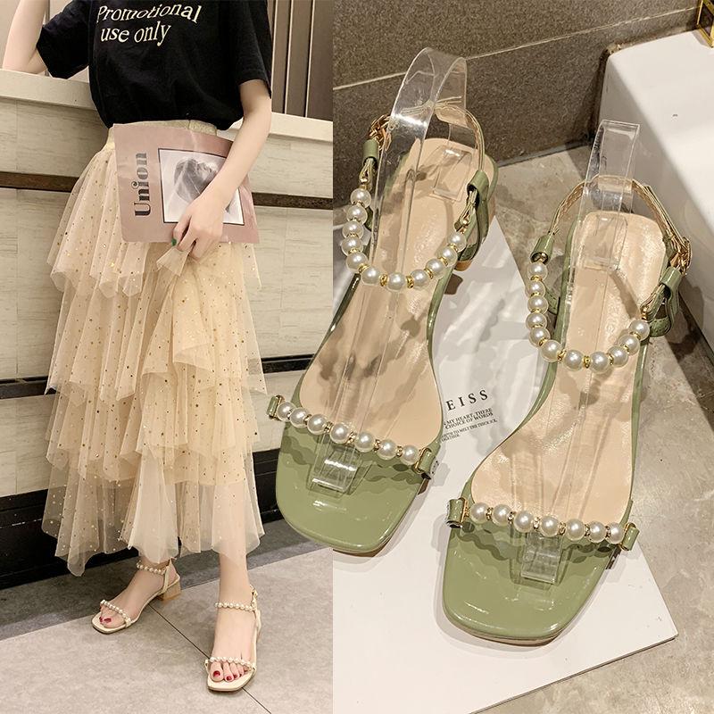 Sandals Women's Summer Korean Fashion Thick Heels High-heeled Pearl Sandals