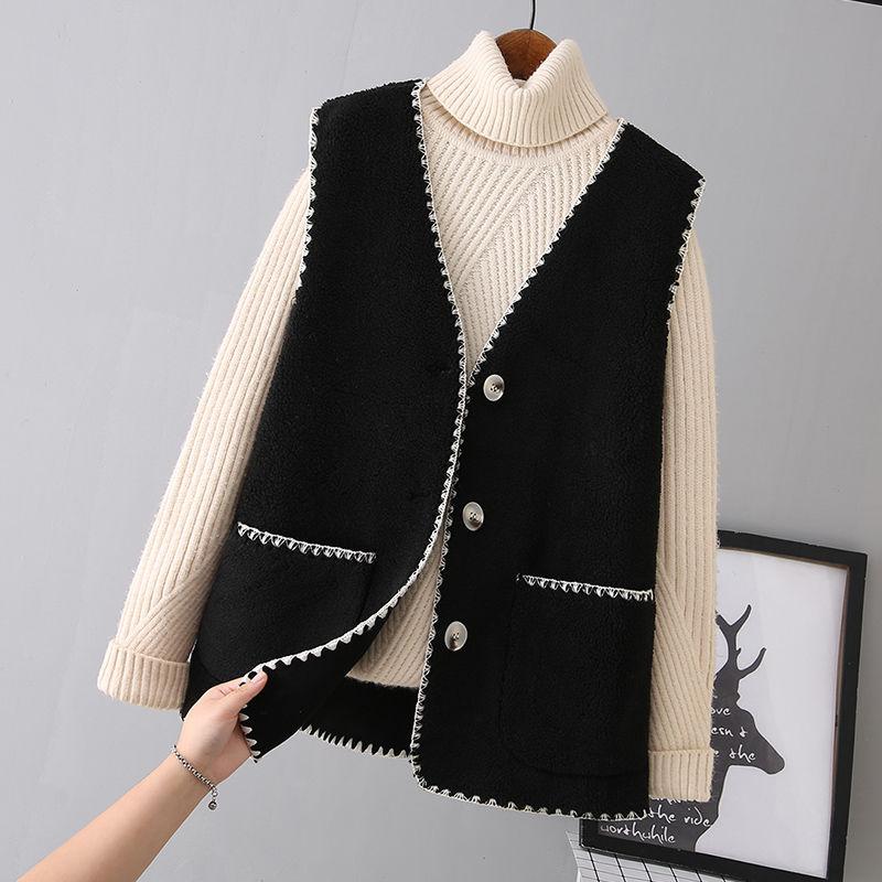 Lamb Plush Vest Female Autumn and Winter Temperament Outer Wear Fur Waistcoat Vest Vest V-neck Sleeveless Button Jacket