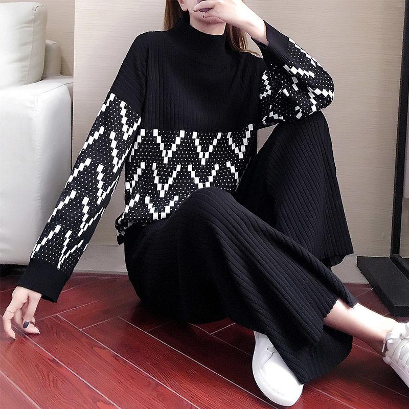 2pcs/set  Winter Tracksuit 2 Piece Pant Suits for Women Knitted Long Sleeve Two Piece Set Knit Top and Pants Women Outwear Outfits